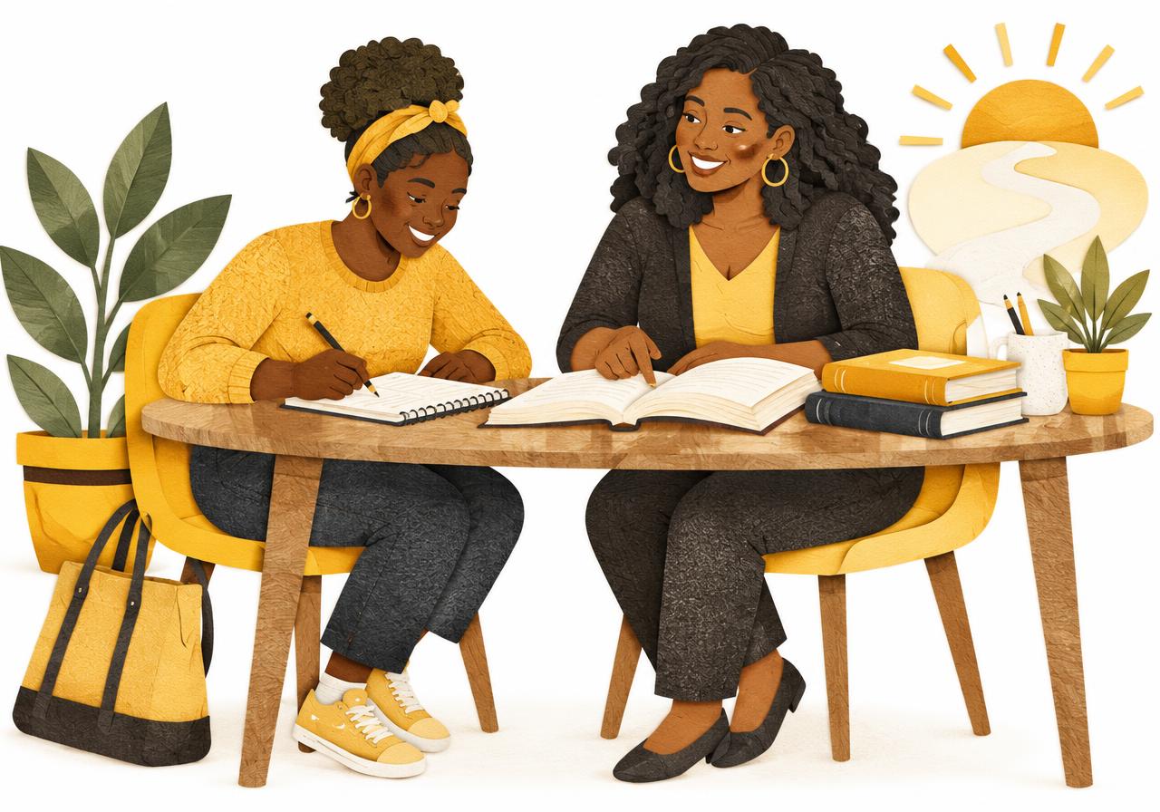 Representative illustration of a Black adult learner studying with a Black tutor