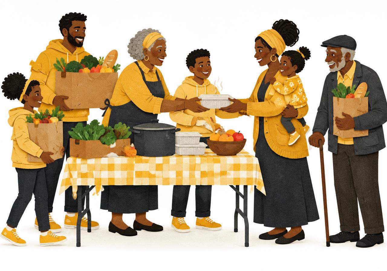 Representative illustration of Black volunteers sharing groceries and a warm meal with neighbors