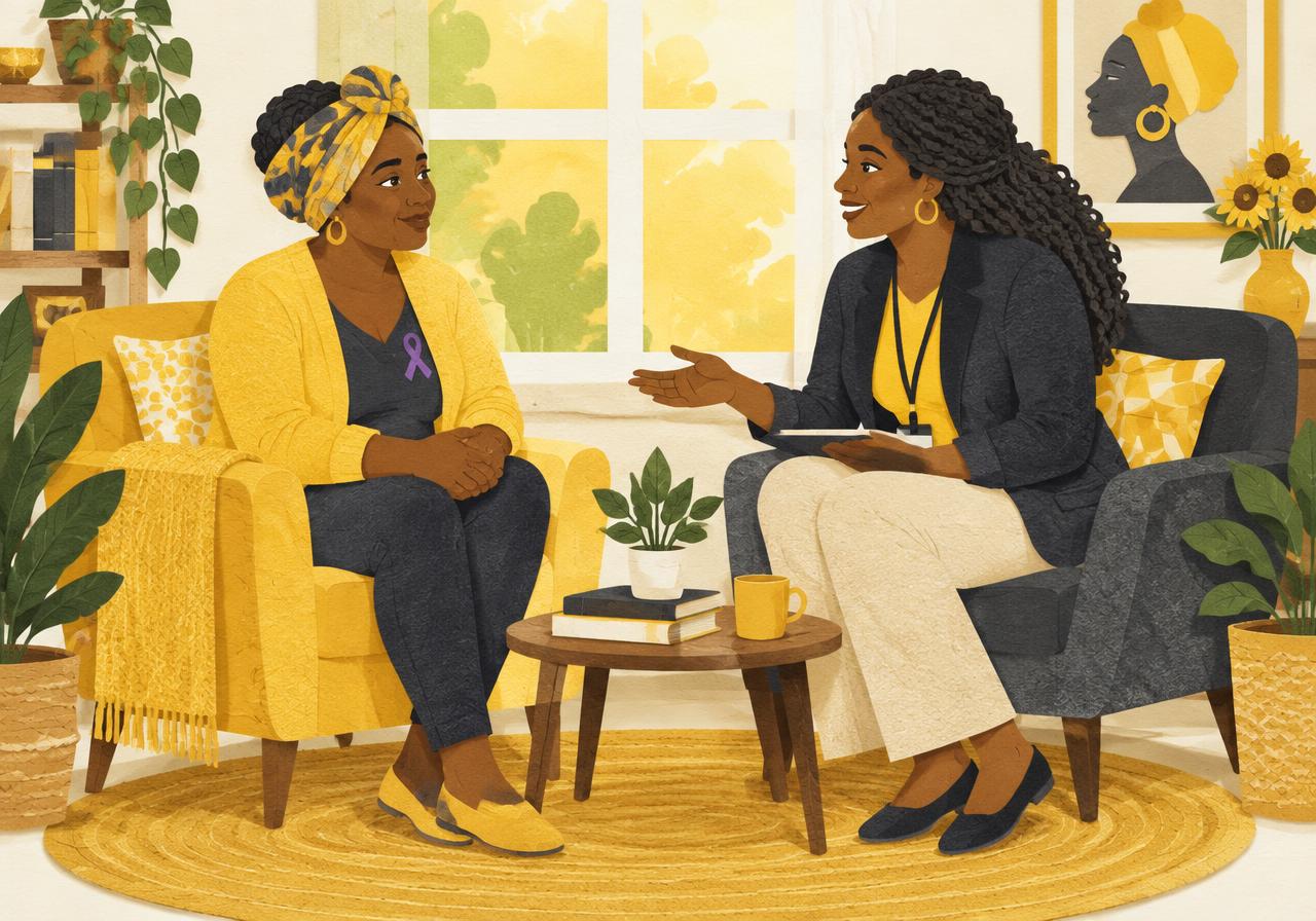 Representative illustration of a Black woman living with lupus meeting a community health advocate