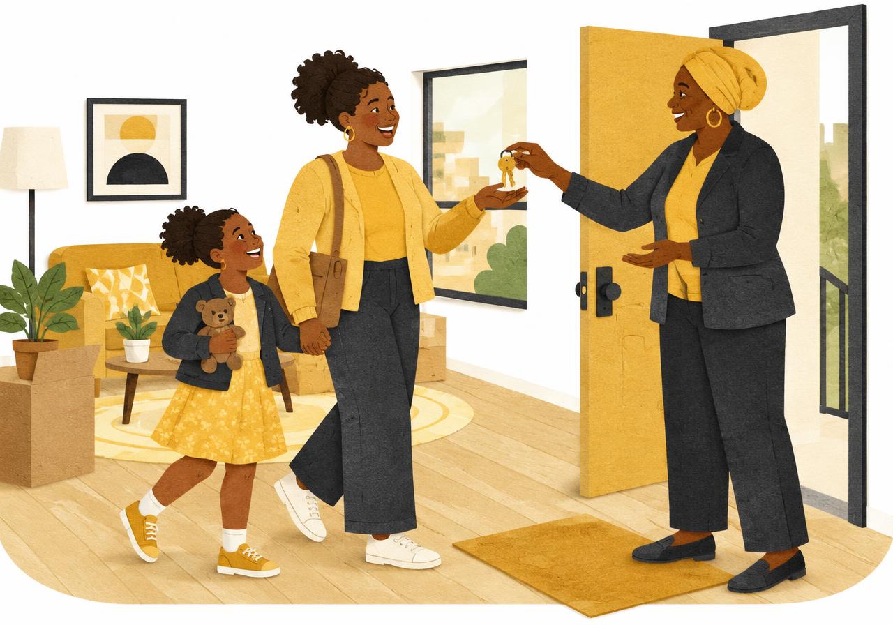 Representative illustration of a Black mother and child receiving keys to a new home
