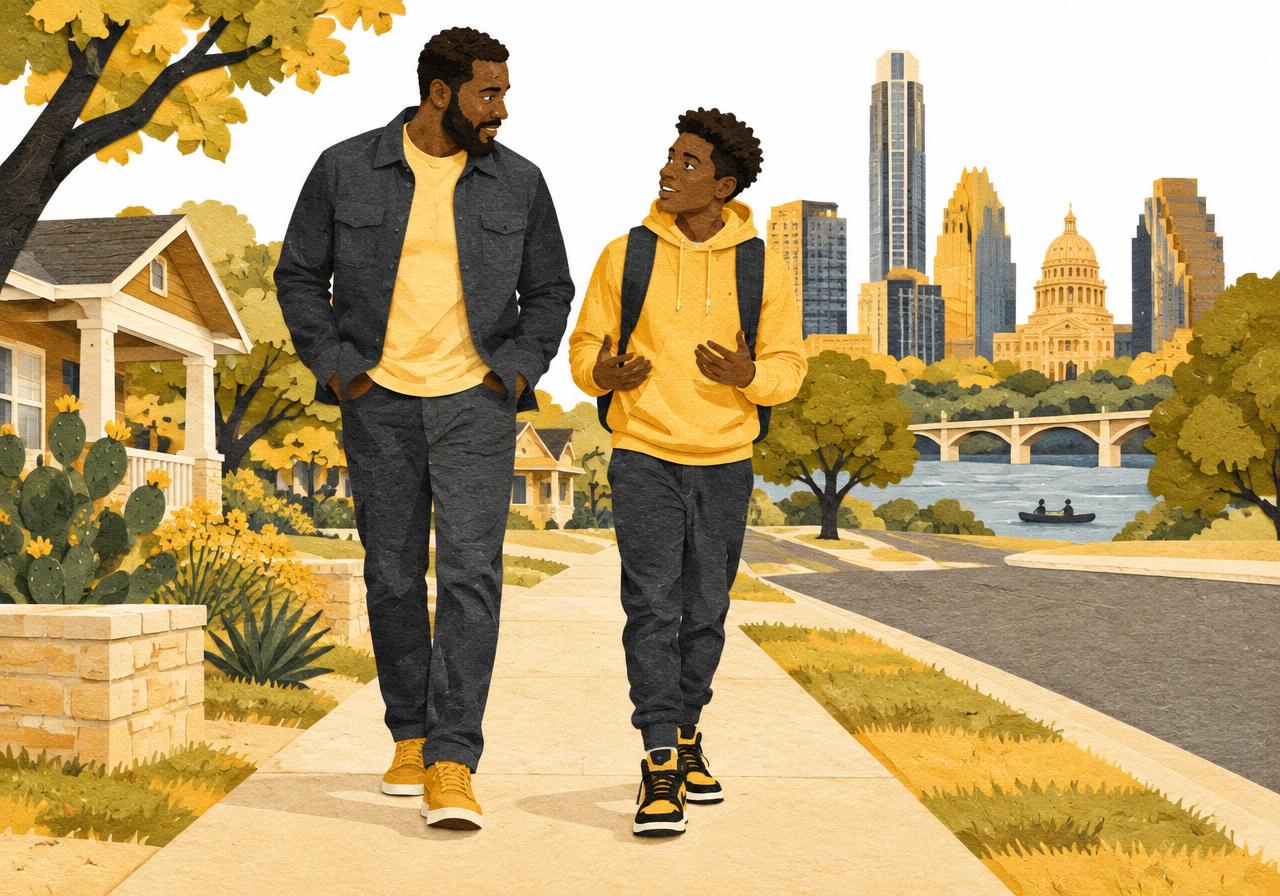 Representative illustration of a Black mentor walking and talking with a Black teenage boy